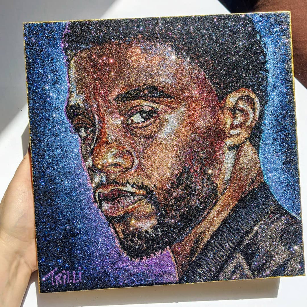 Sparkly Art Chadwick Boseman / Black Panther artwork made with only glitter portrait by artist TRILLI